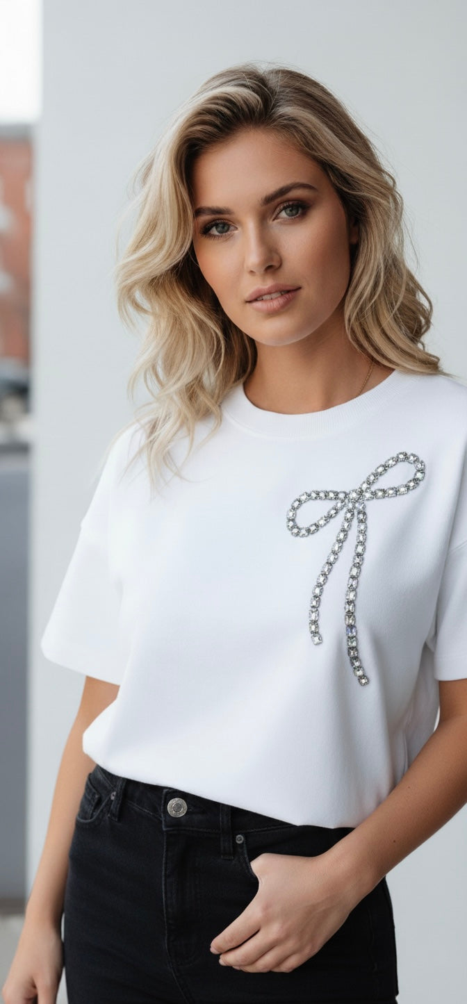 Crystal Bow Embellished White T-Shirt