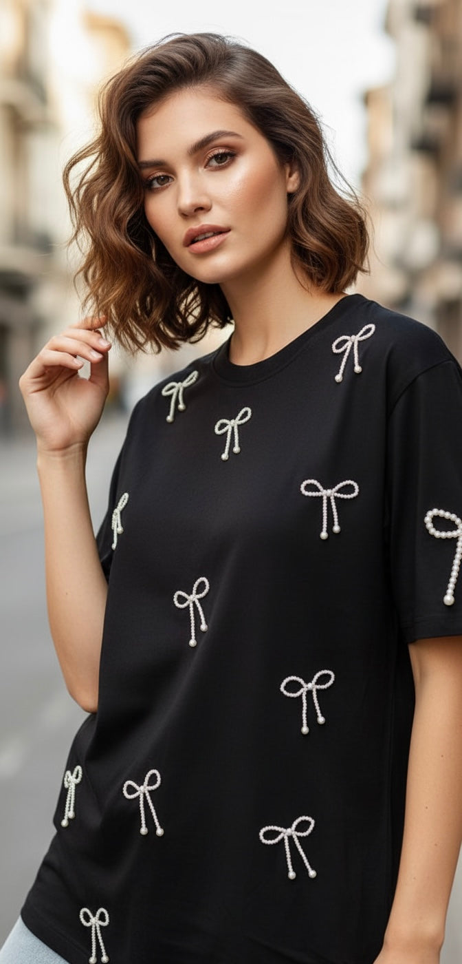 Black Cotton T-Shirt with Pearl Bow Work