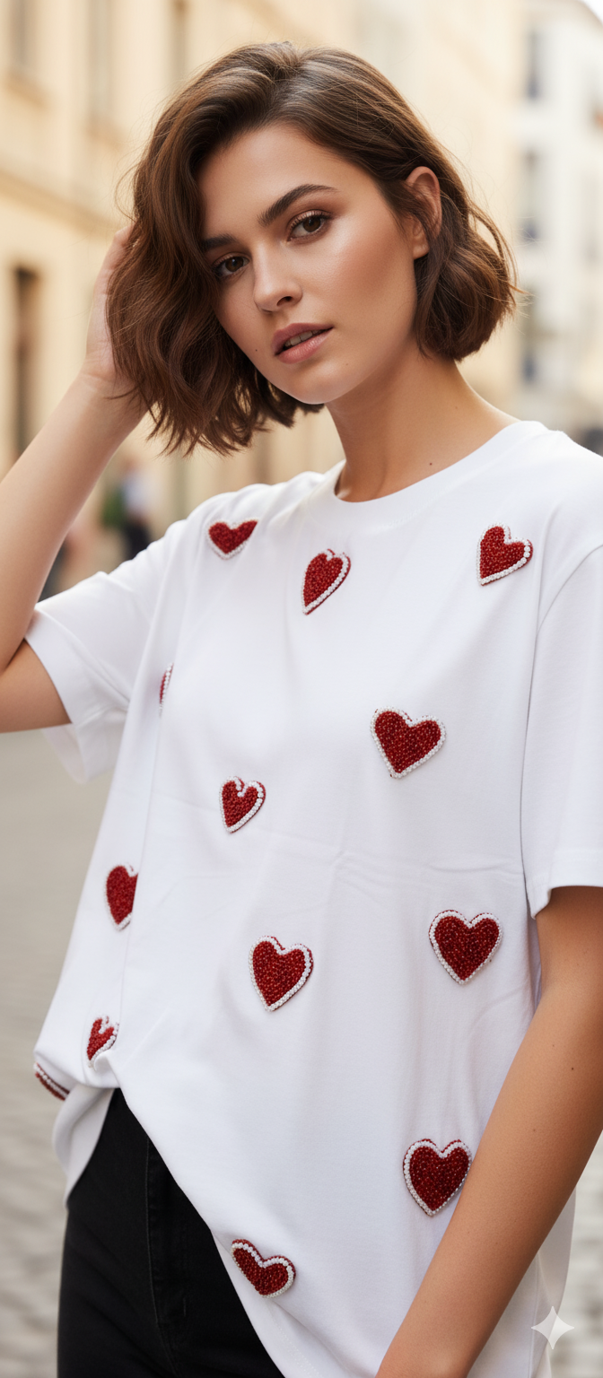 White Heart & Pearl Work Cotton T-Shirt
