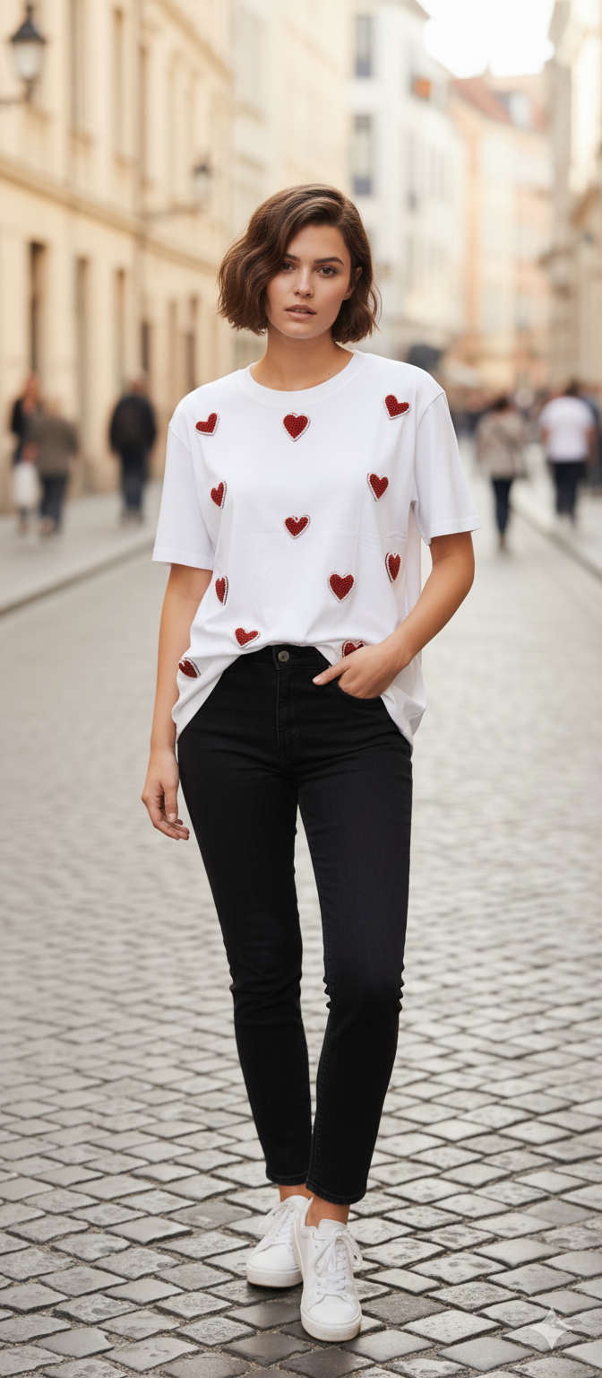 White Heart & Pearl Work Cotton T-Shirt
