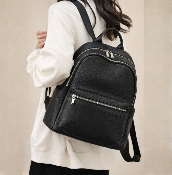 Classic Textured Black Leather Backpack