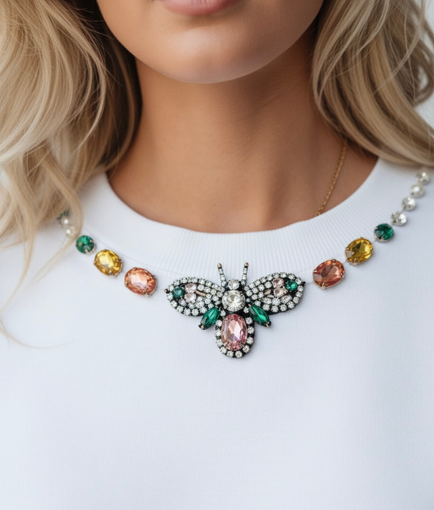 Embellished Butterfly Gemstone White T-Shirt