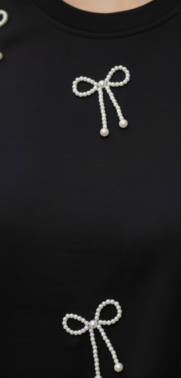 Black Cotton T-Shirt with Pearl Bow Work