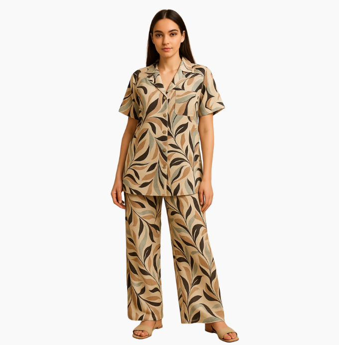 Printed Co-Ord Set in Earthy Leaf Pattern