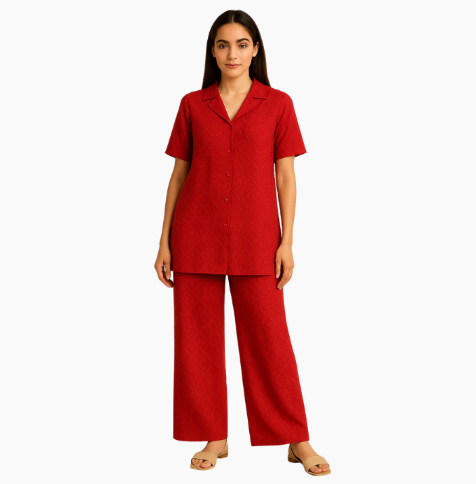 Textured Co-Ord Set in Bold Red