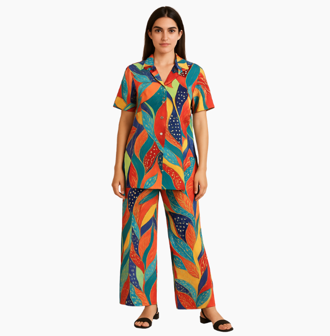 Multicolor Artistic Leaf Print Co-Ord Set