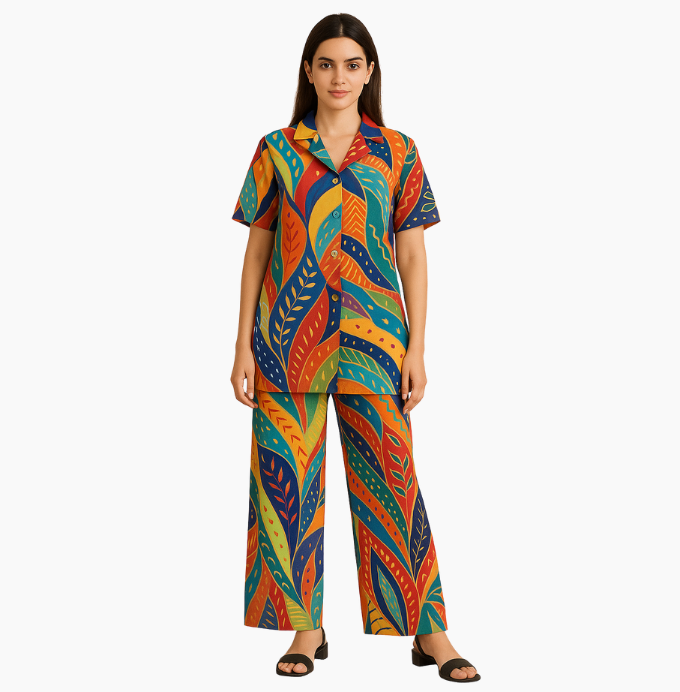Multicolor Artistic Leaf Print Co-Ord Set