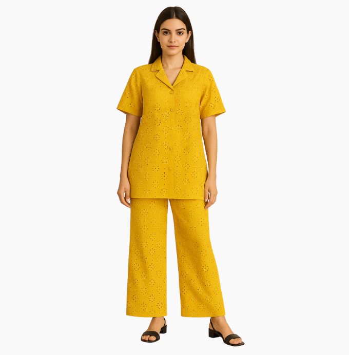 Mustard Yellow Eyelet Embroidered Co-Ord Set