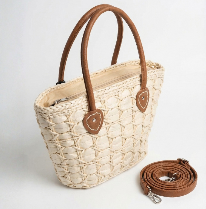 Woven Straw Tote Bag with Leather Handles and Detachable Strap