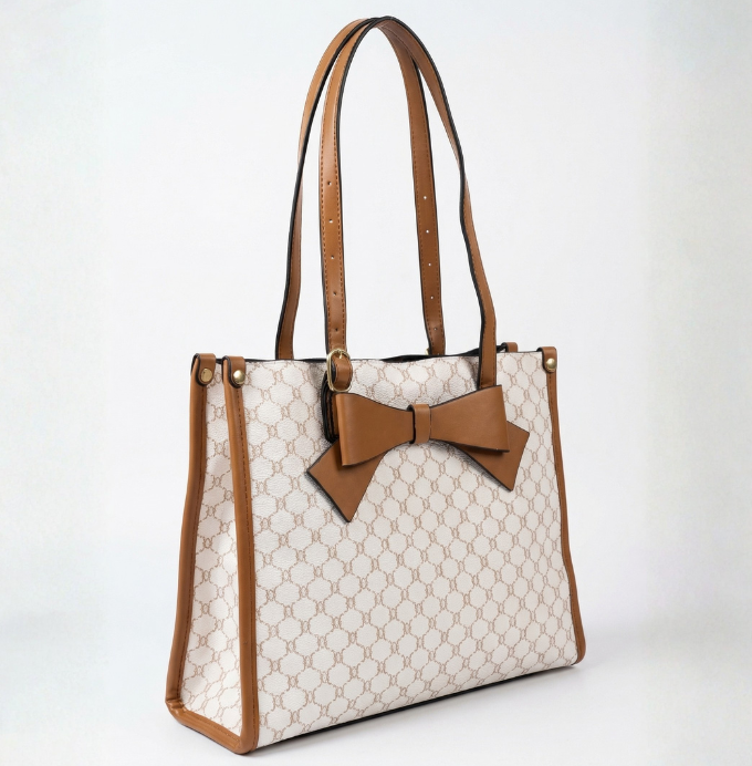 Elegant Monogram Bow Tote Bag in Tan and Cream
