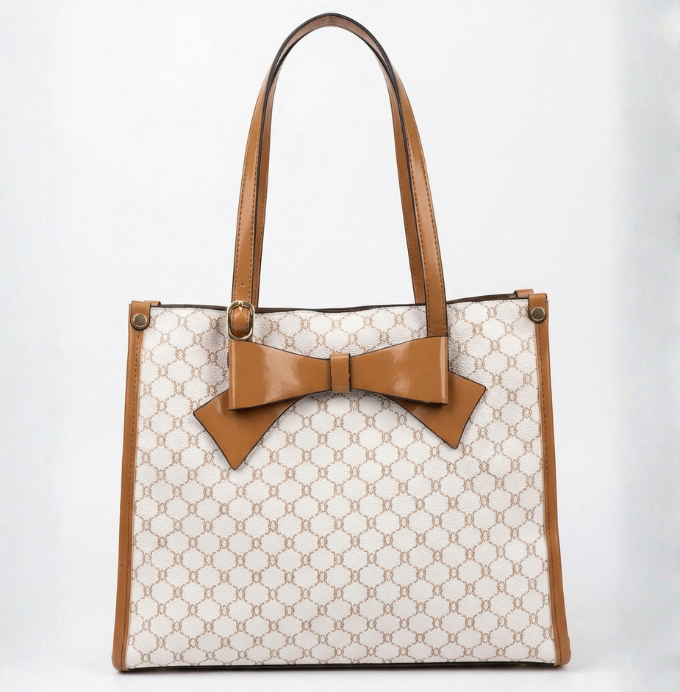 Elegant Monogram Bow Tote Bag in Tan and Cream