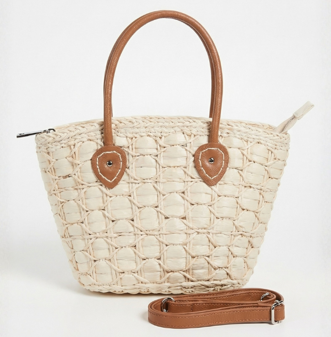Woven Straw Tote Bag with Leather Handles and Detachable Strap