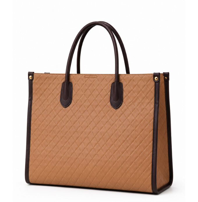 Elegant Quilted Tote Bag for Women – Structured Premium Handbag (Beige & Brown)