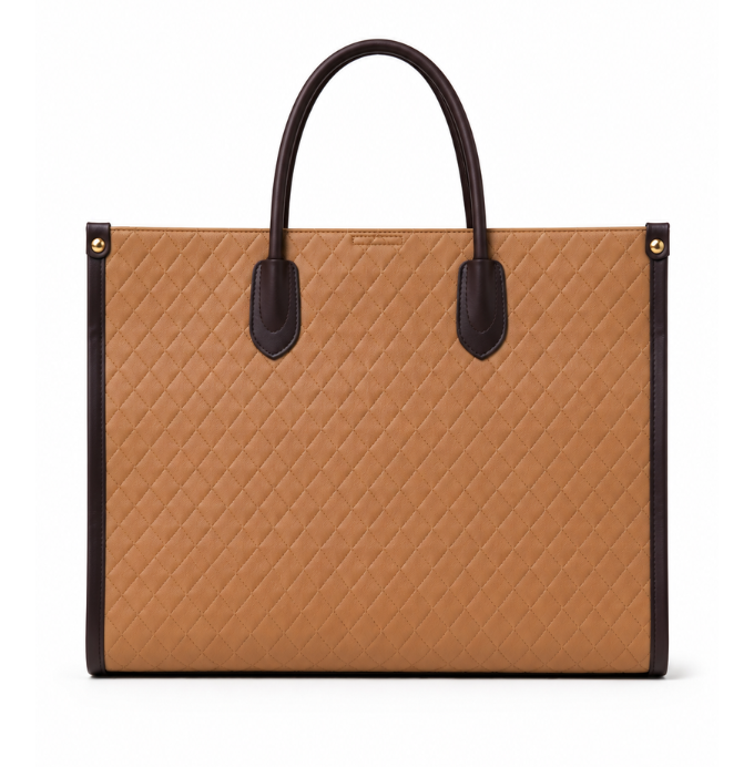 Elegant Quilted Tote Bag for Women – Structured Premium Handbag (Beige & Brown)