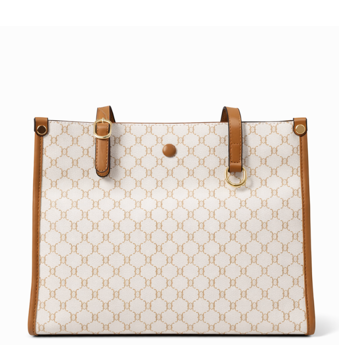 Elegant Monogram Bow Tote Bag in Tan and Cream