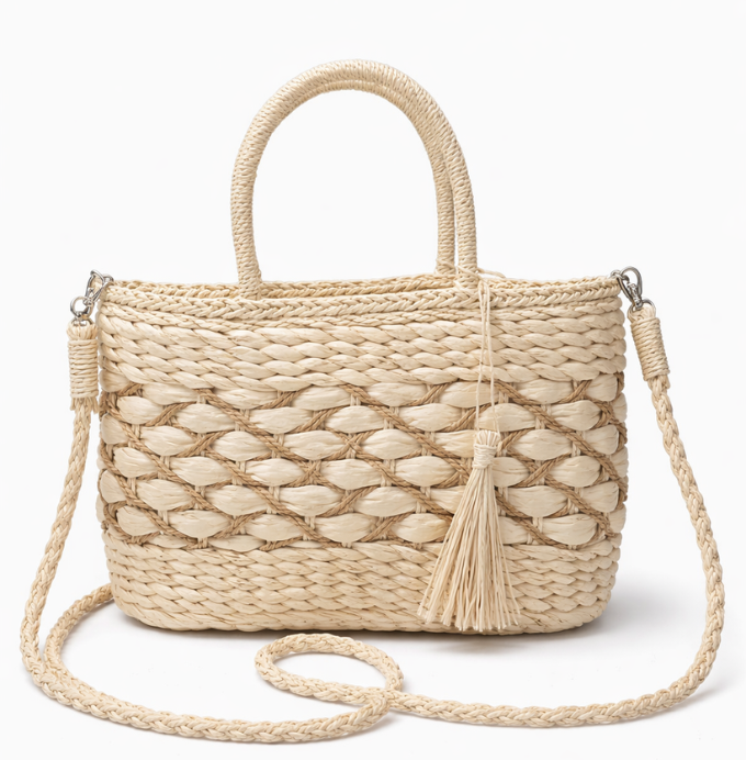 Handwoven Natural Straw Tote Bag with Detachable Strap