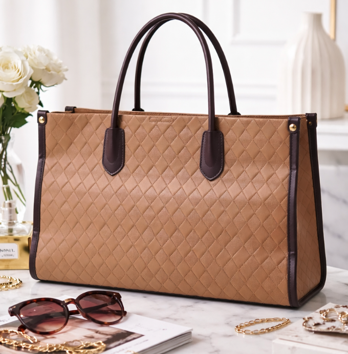 Elegant Quilted Tote Bag for Women – Structured Premium Handbag (Beige & Brown)