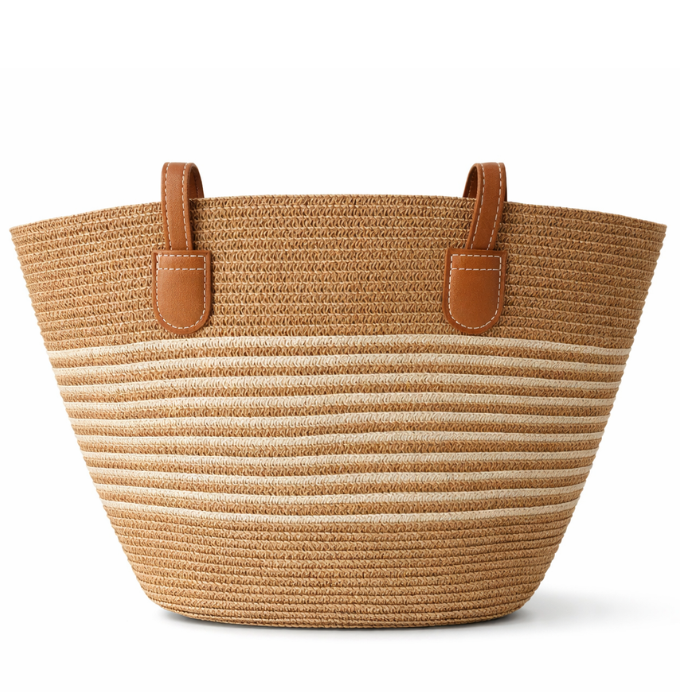 Elegant Woven Straw Tote Bag with Tan Leather Handles – Chic Everyday Shoulder Bag